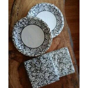 Black & White Damask Paper Napkin Set & Matching Paper Plate Bundle 4 Pkgs New